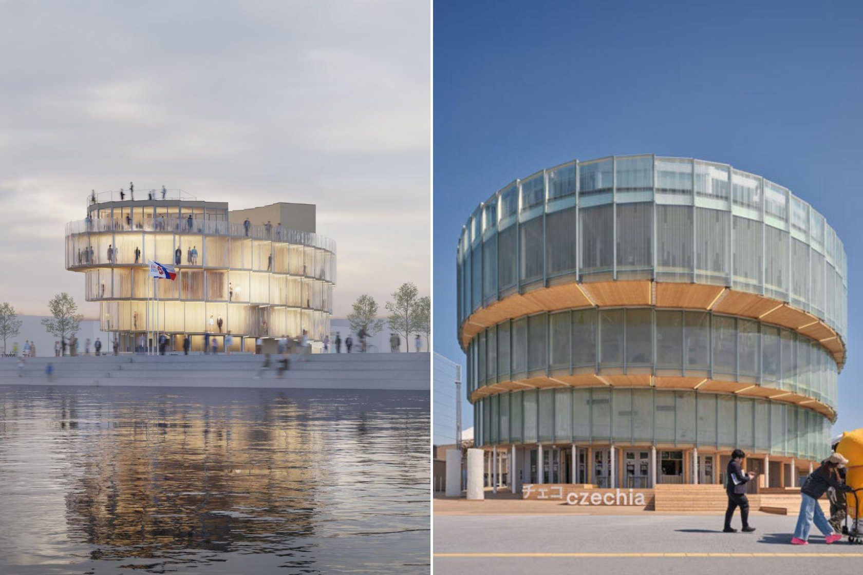 Podoba pavilonu na vizualizaci a po jeho výstavbě
