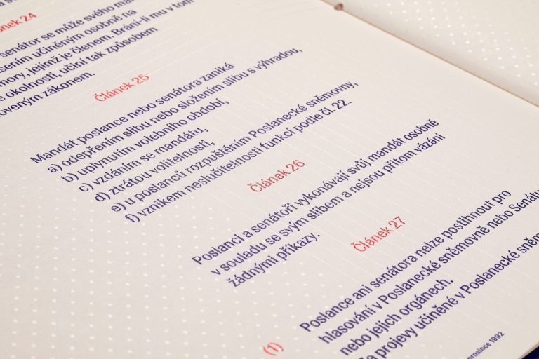 Přímo pro tento projekt autoři vytvořili bezpatkové písmo Democratia