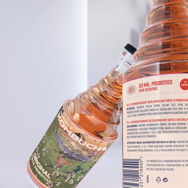 Mockup designu kombucha lahve