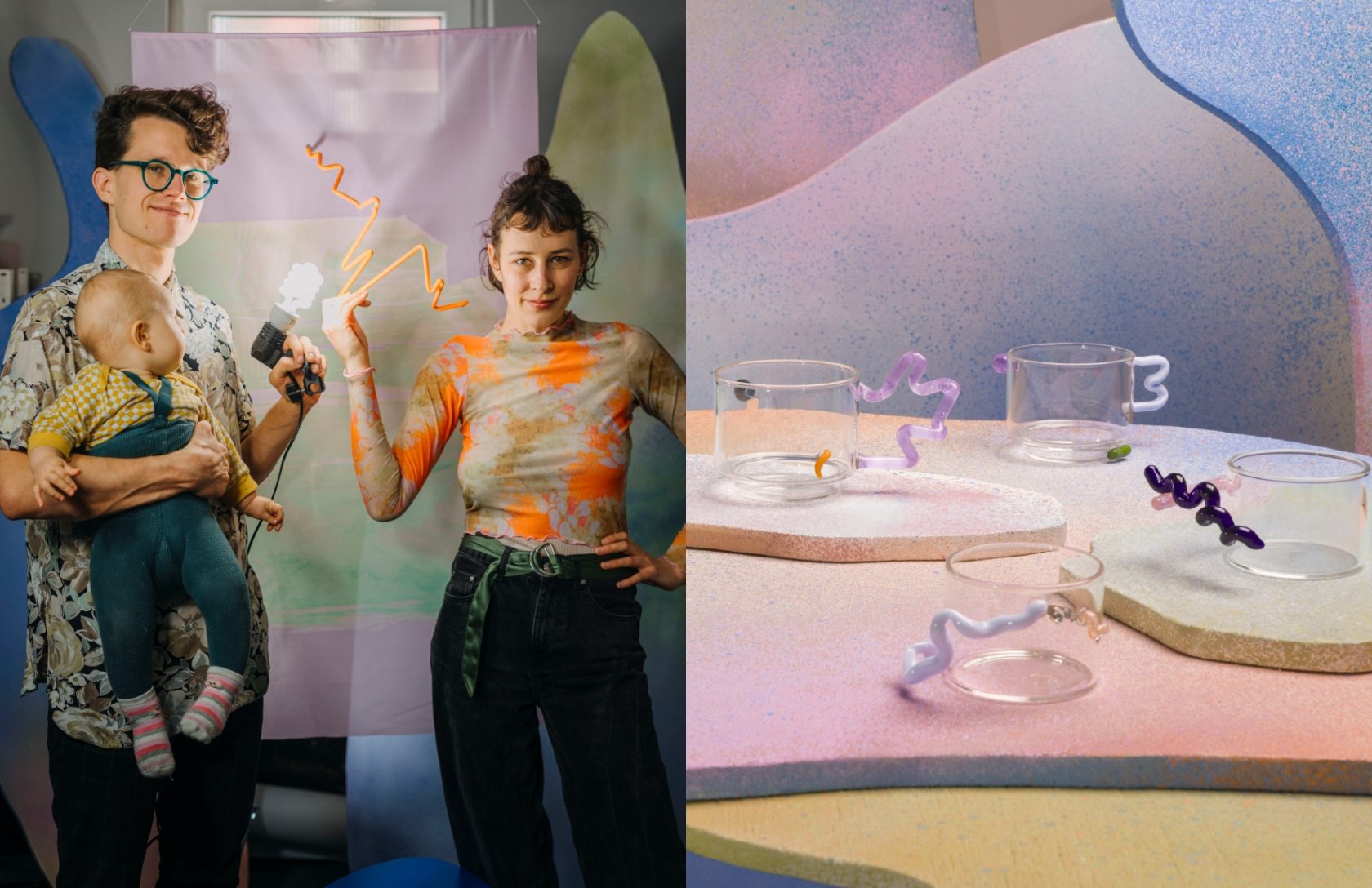 Fotograf Filip Švácha a designérka a umělkyně Pavlína Šváchová se synem Vendelínem; foto: Agnes Čechová; Pavlína se v tvorbě věnuje také šálkovým objektům; foto: Filip Švácha.