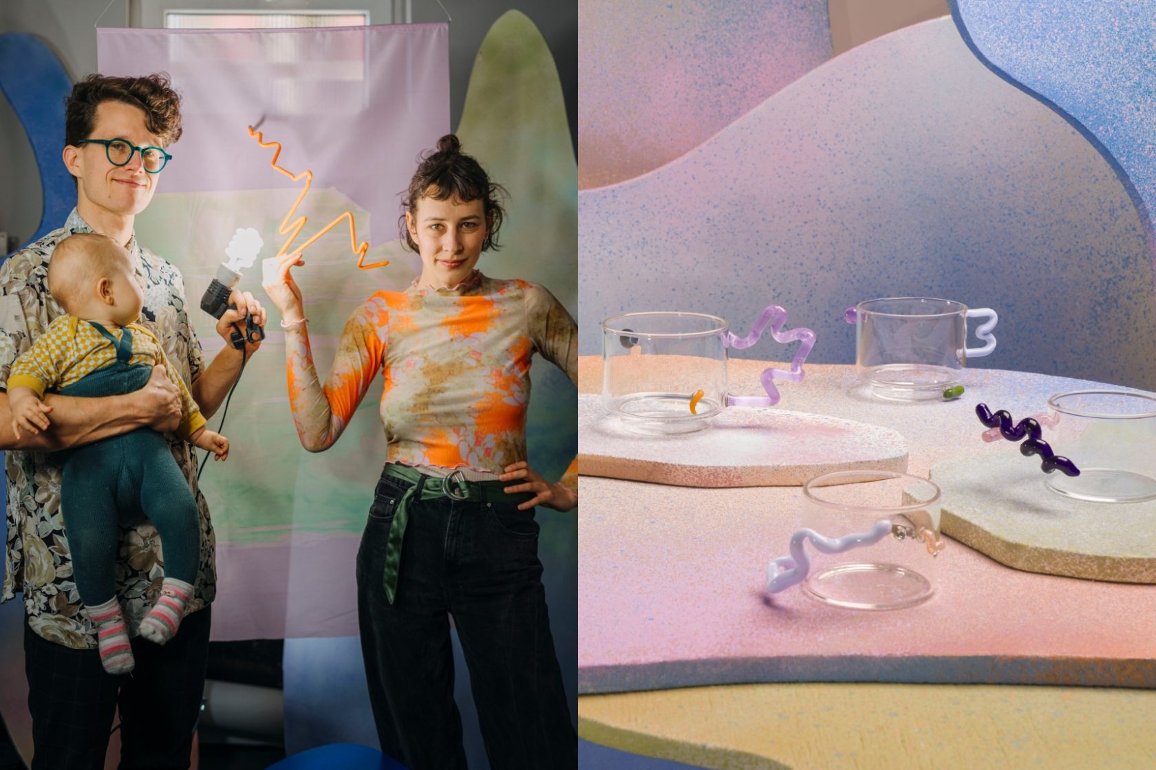 Fotograf Filip Švácha a designérka a umělkyně Pavlína Šváchová se synem Vendelínem; foto: Agnes Čechová; Pavlína se v tvorbě věnuje také šálkovým objektům; foto: Filip Švácha.